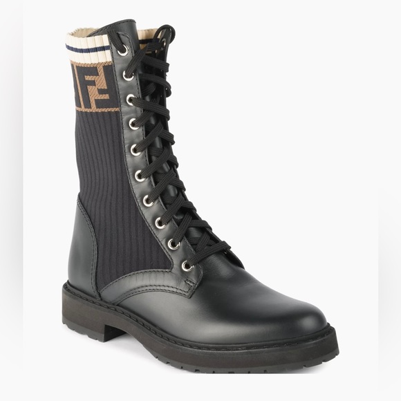Fendi Shoes - Fendi Rockoko Leather & Knit Combat Boots
